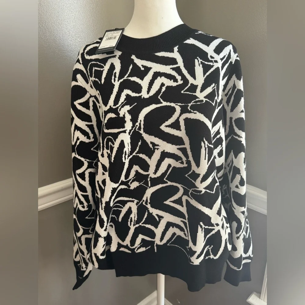 NWT Adrianna Papell Womens Crew neck Sweater Black White Hearts 1X